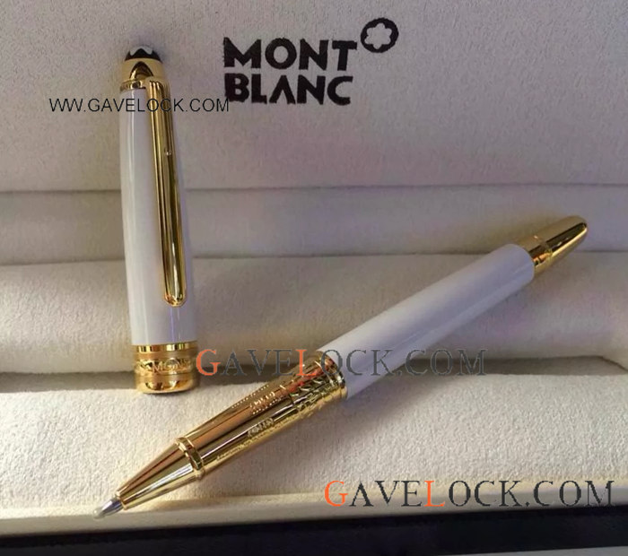 Montblanc Meisterstuck Solitaire Rollerball Pen White and Gold Clip